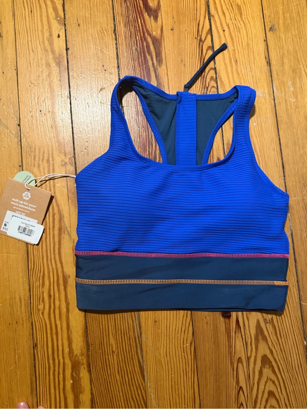 Blue Ribbed Racerback Swim Bikini Top with Contrast Stripes - Picture 3 of 3